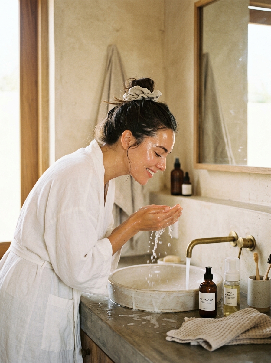 Mulher fazendo double cleansing na pia