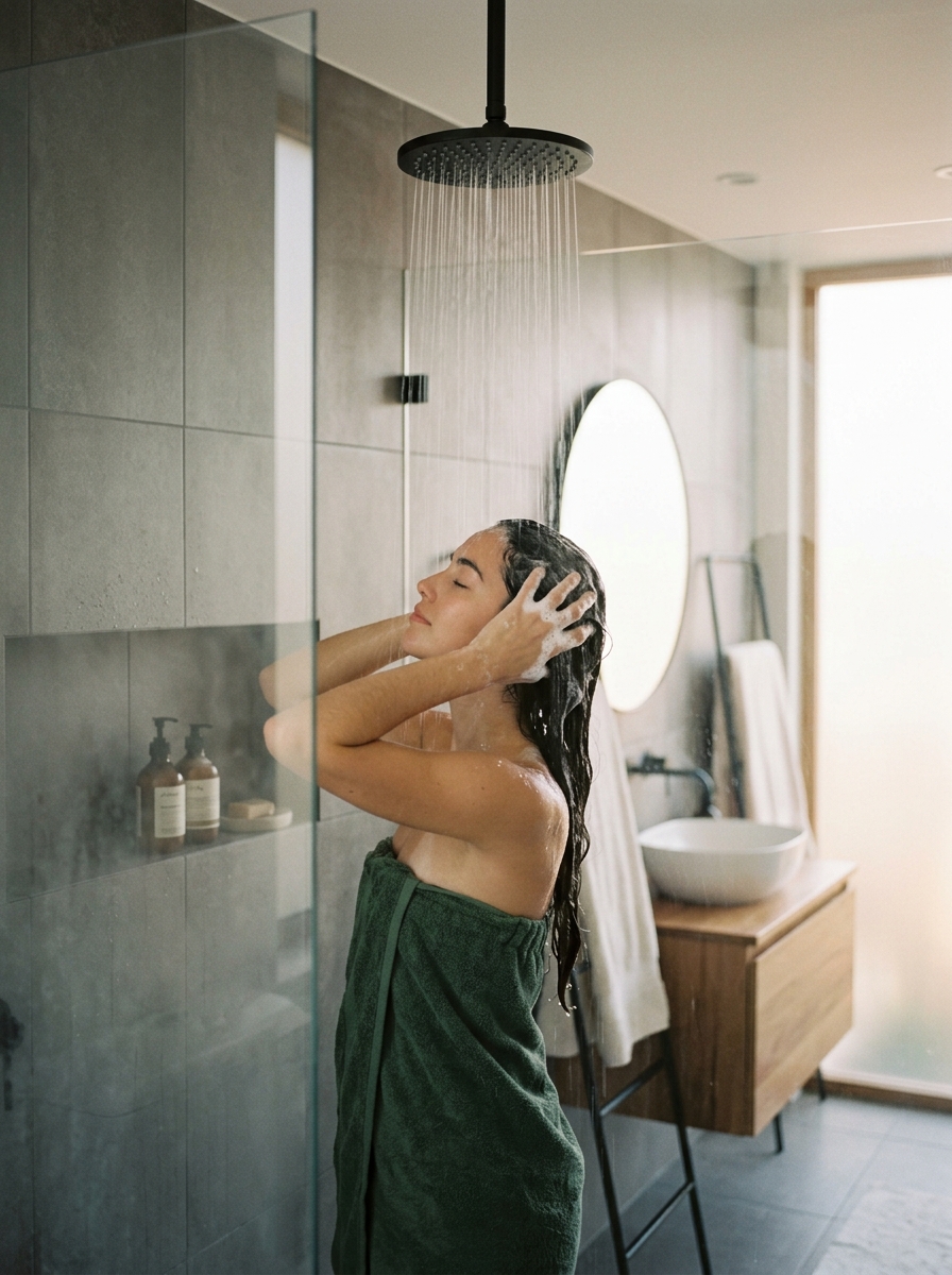 Mulher lavando o cabelo no chuveiro