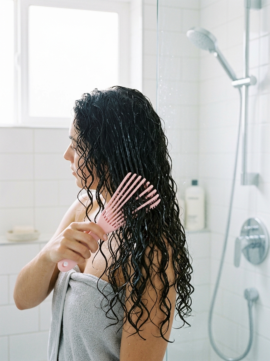 Escova polvo rosa para cabelos cacheados